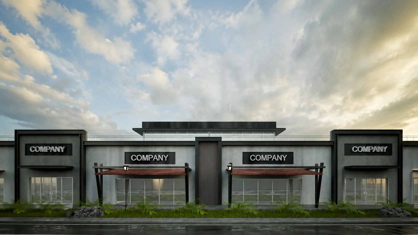 Street-front view of 1001 Al Ameera Plaza on South Sherman Street in Richardson, Texas, with its storefronts and awnings under a cloudy sky