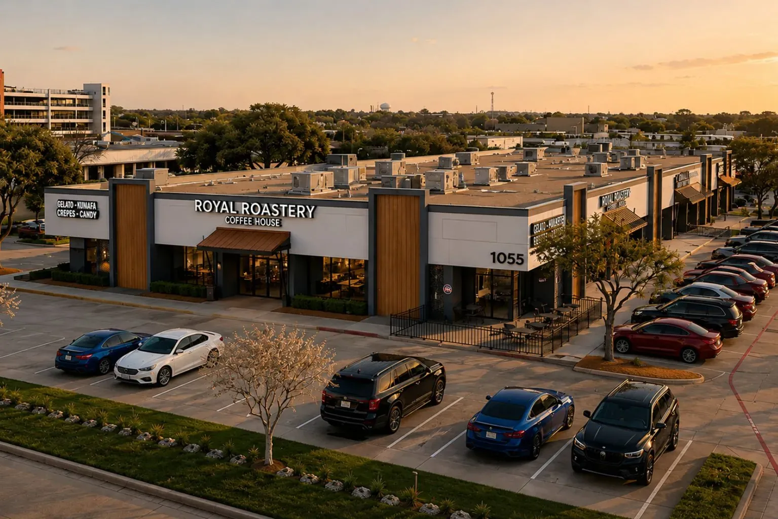 1055 Al Ameera Plaza on South Sherman Street in Richardson, Texas, at golden hour