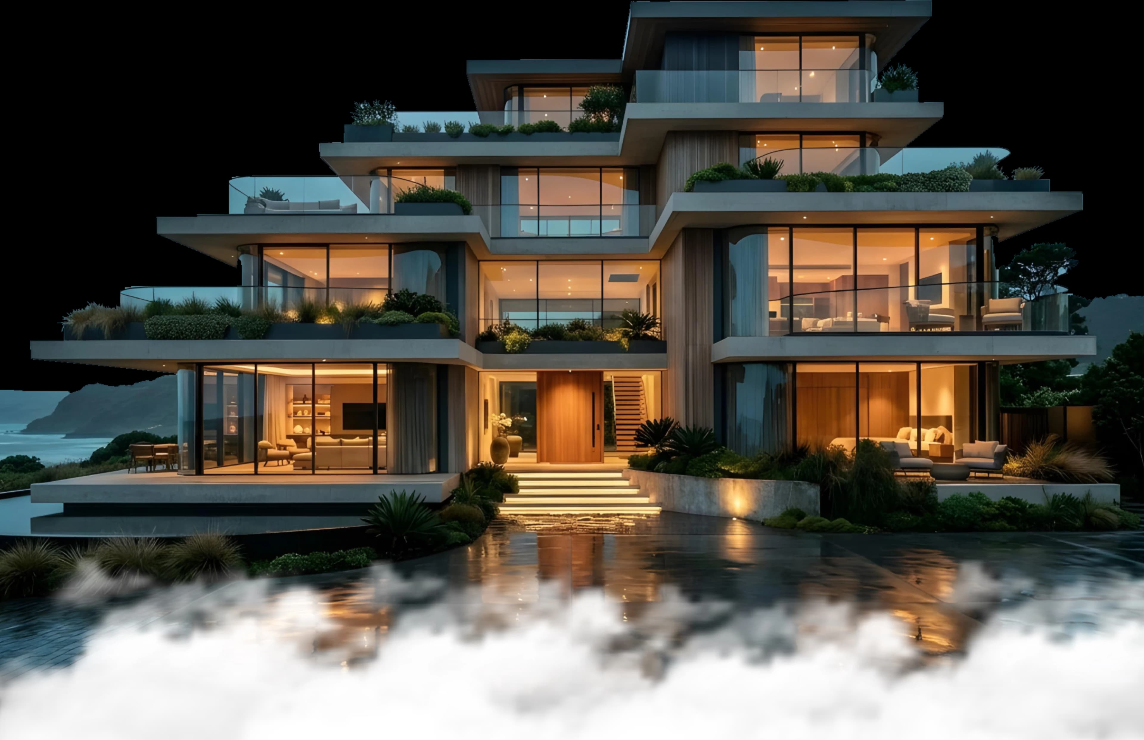 A modern multi-level home with glass walls and layered terraces at dusk