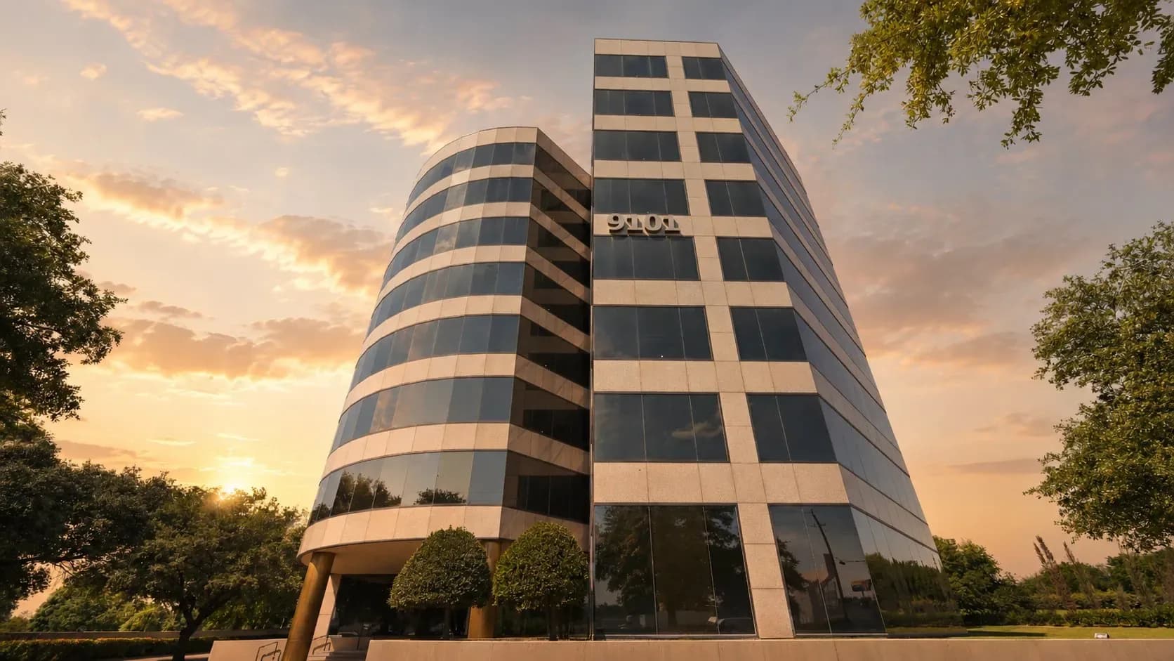 LBJ Tower office building at 9101 Lyndon B. Johnson Freeway in Dallas, Texas, at sunset
