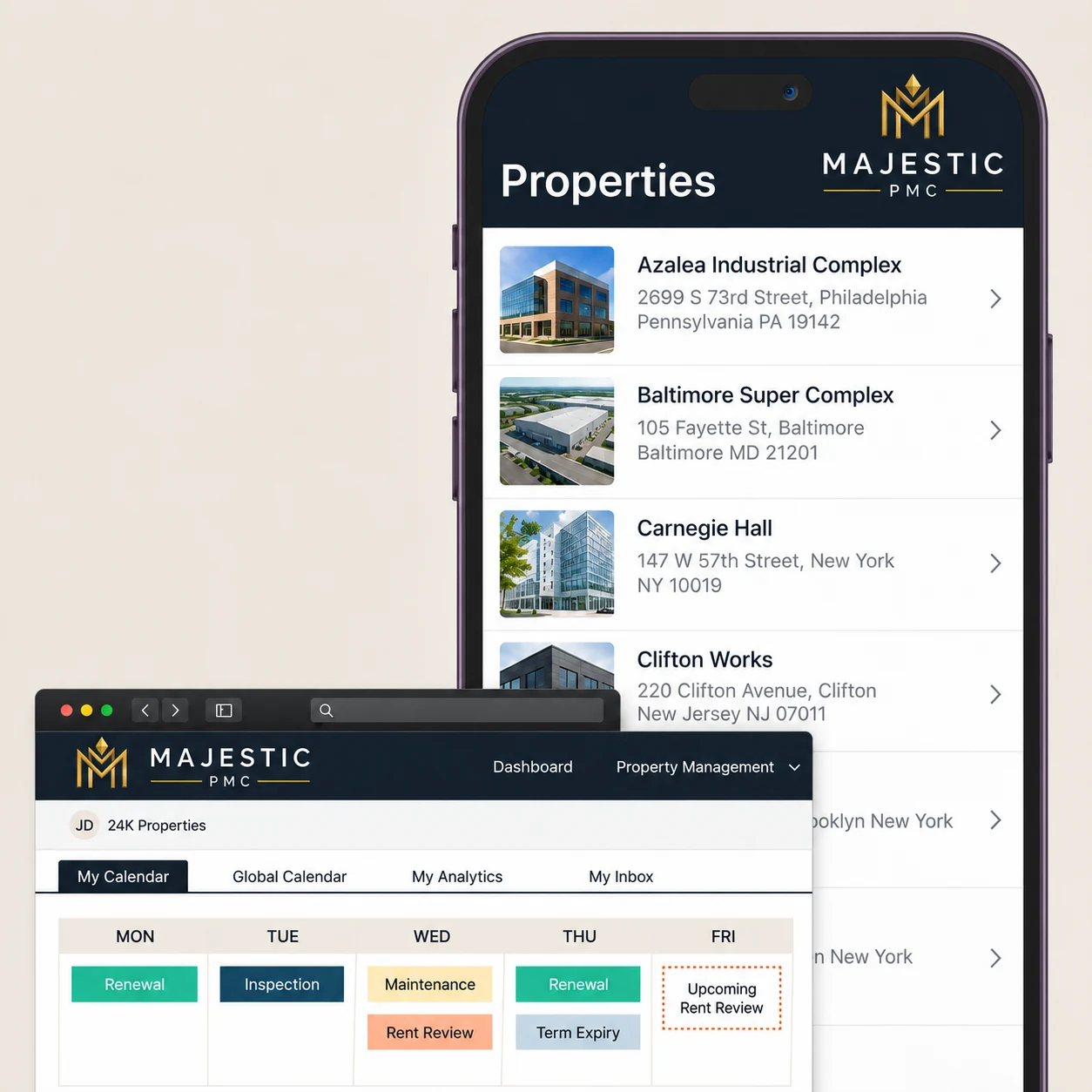 The Majestic PMC property list on a phone alongside the desktop calendar showing renewals, inspections, maintenance and rent reviews