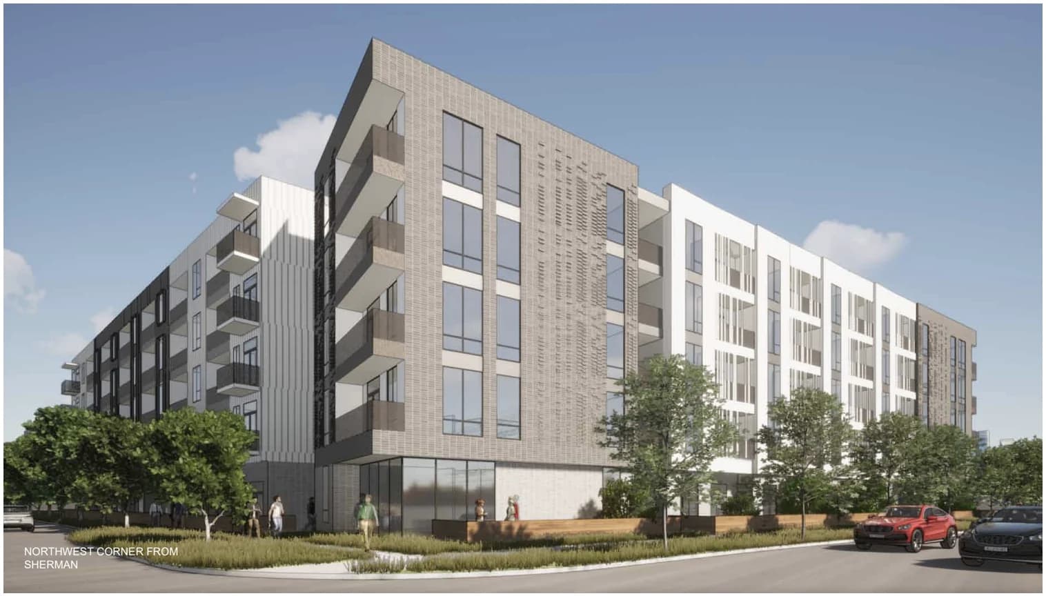 Northwest corner exterior perspective of the Sherman Apartments development in Richardson, Texas